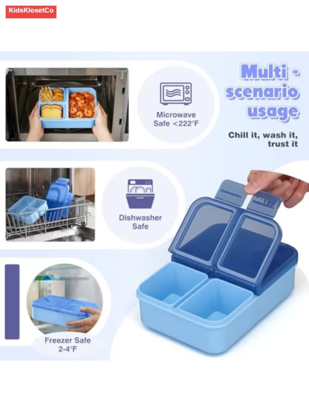 2 Pack Bento Snack Box Container for Kids Adults | 3 Compartment Leak-Proof